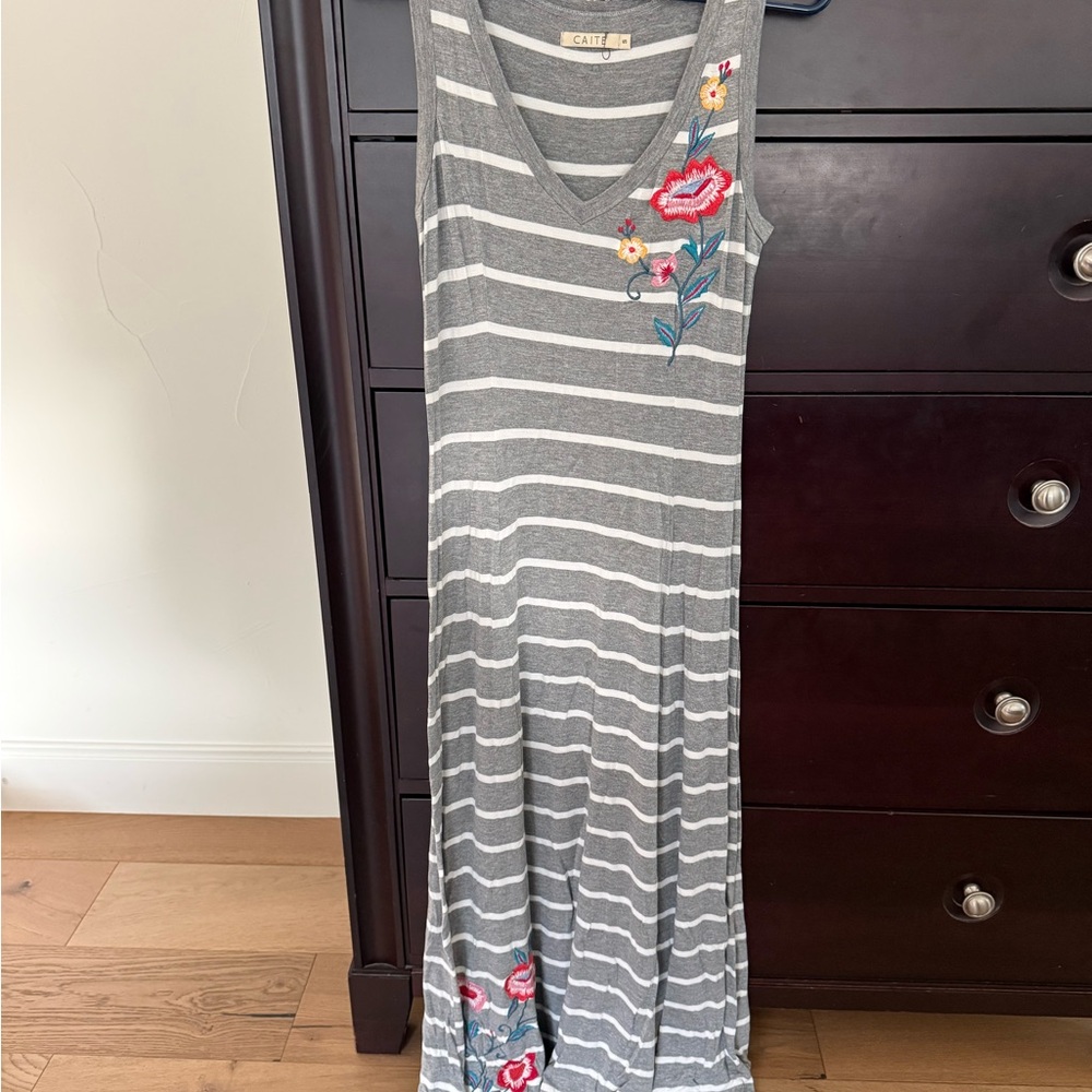 Gray Striped Maxi Dress with Floral Embroidery